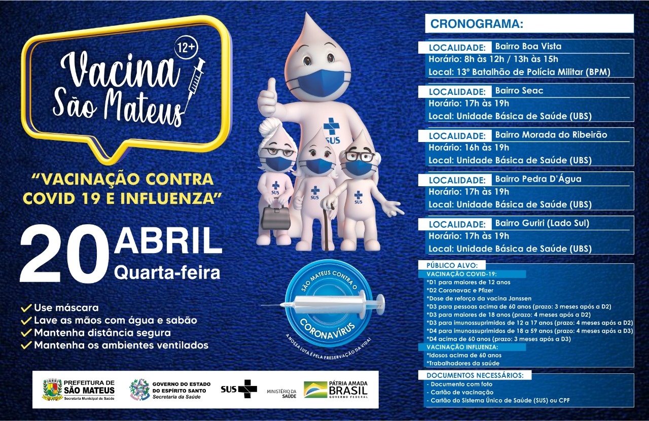 VACINAÇÃO CONTRA COVID PARA MAIORES DE 12 ANOS E CONTRA INFLUENZA NESTA QUARTA-FEIRA (20)