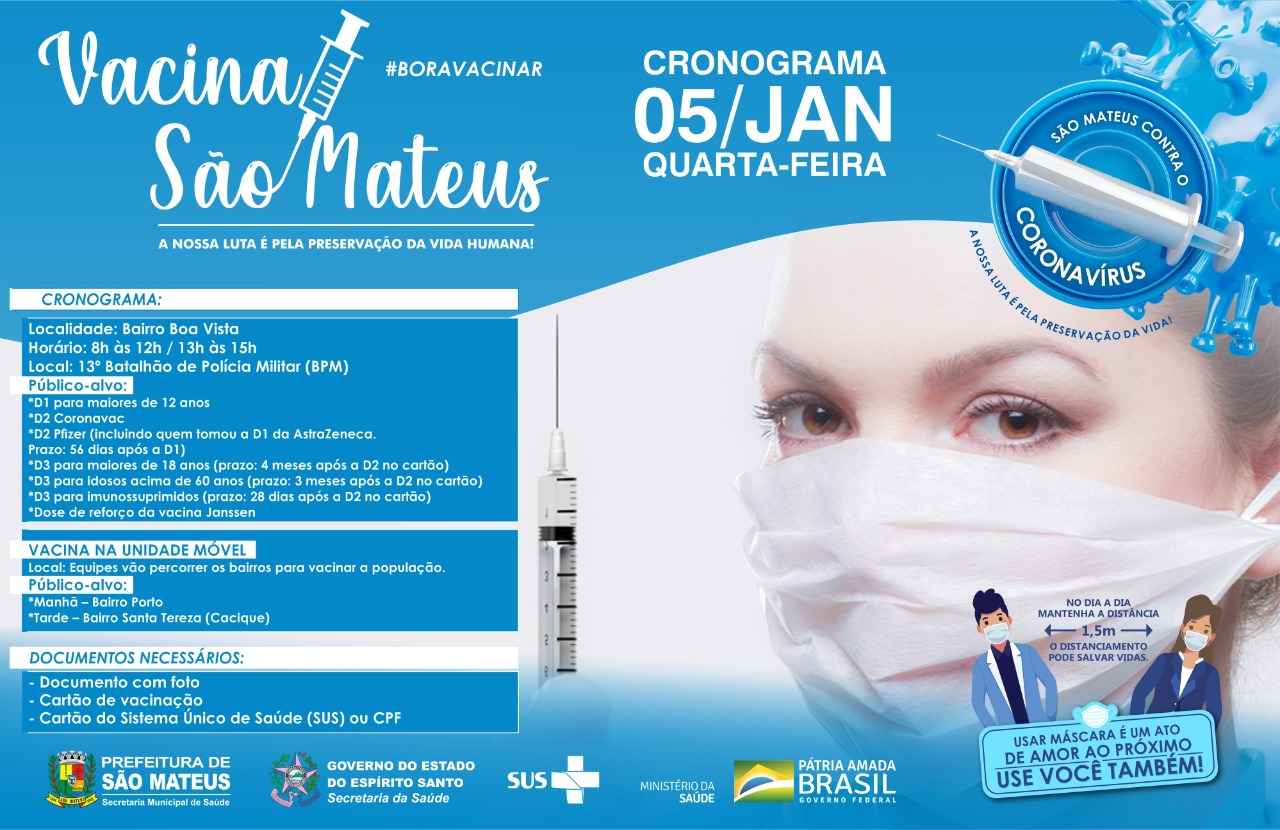 SÃO MATEUS CONTRA COVID! VACINAÇÃO SEGUE NESTA QUARTA-FEIRA (05) NO 13º BPM E UNIDADE MÓVEL PERCORRE BAIRROS PORTO E SANTA TEREZA