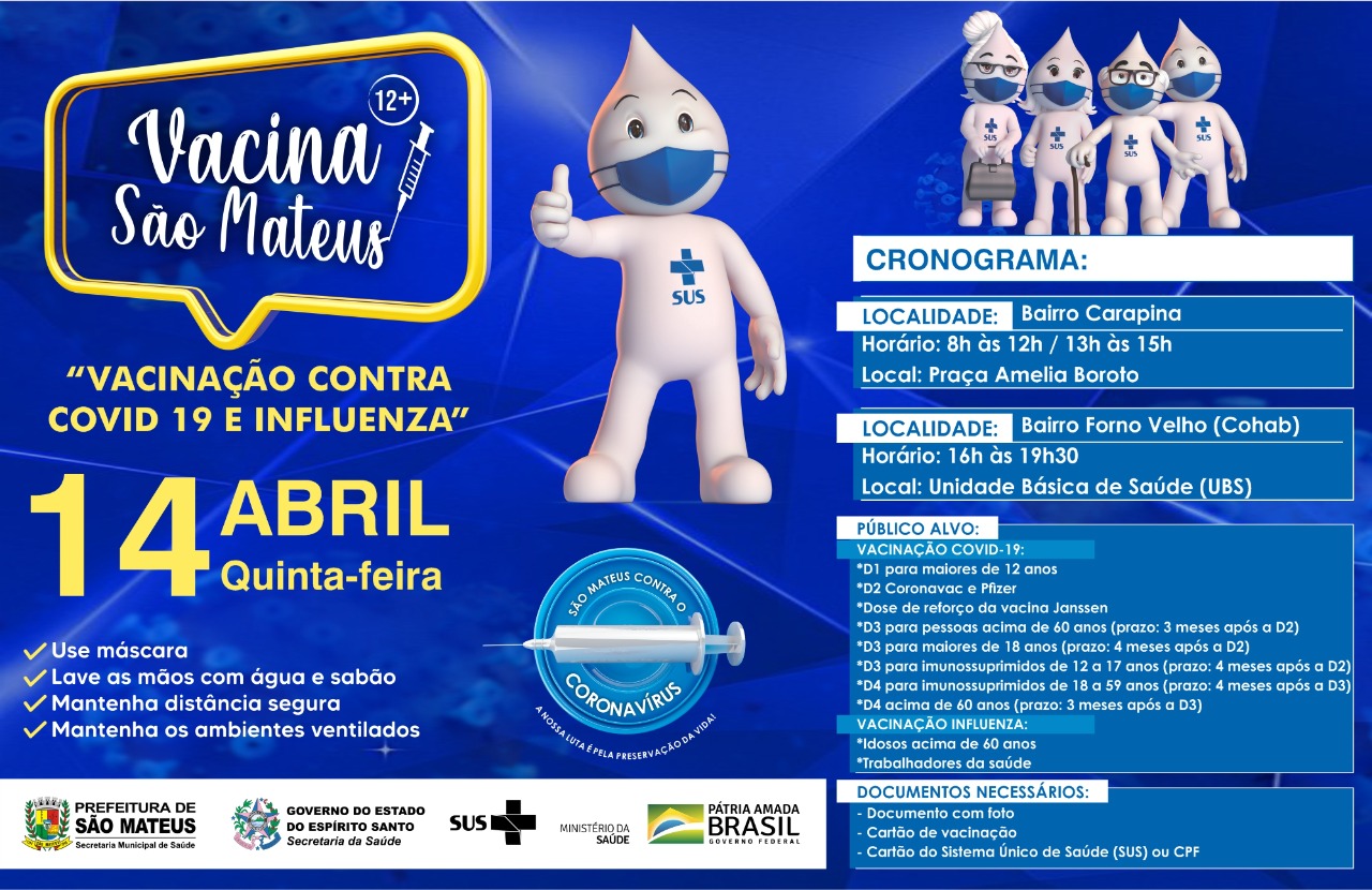 VACINAÇÃO CONTRA COVID PARA MAIORES DE 12 ANOS E CONTRA INFLUENZA NESTA QUINTA-FEIRA (14)