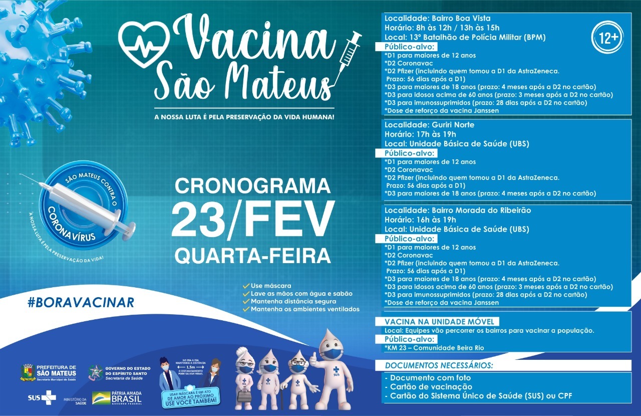 NESTA QUARTA-FEIRA (23) TEM VACINAÇÃO CONTRA COVID NOS BAIRROS BOA VISTA, MORADA DO RIBEIRÃO E GURIRI NORTE