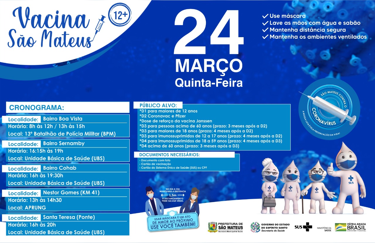 CONFIRA O CRONOGRAMA DE VACINAÇÃO CONTRA COVID PARA MAIORES DE 12 ANOS NESTA QUINTA-FEIRA (24)