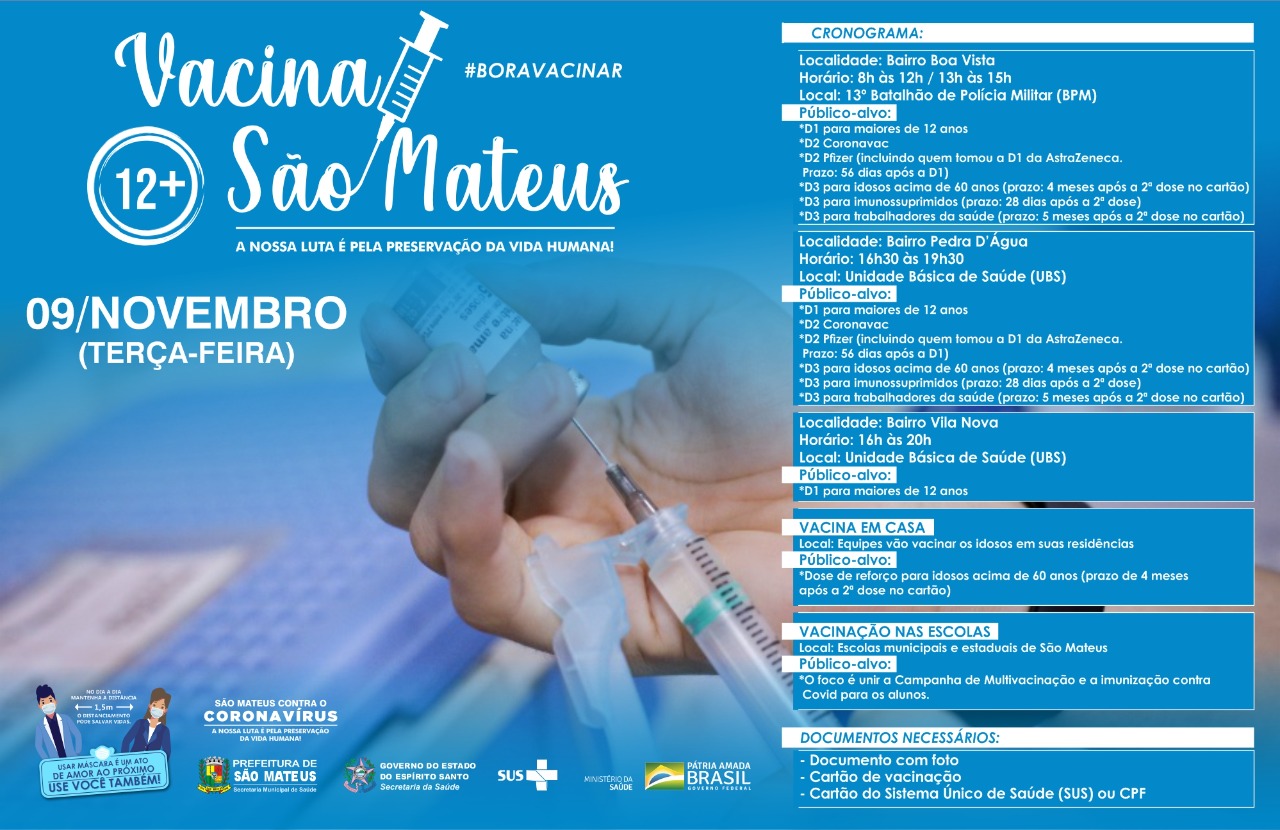 NESTA QUARTA-FEIRA (10) TEM VACINAÇÃO CONTRA COVID-19 NOS BAIRROS BOA VISTA, PEDRA D’ÁGUA E VILA NOVA