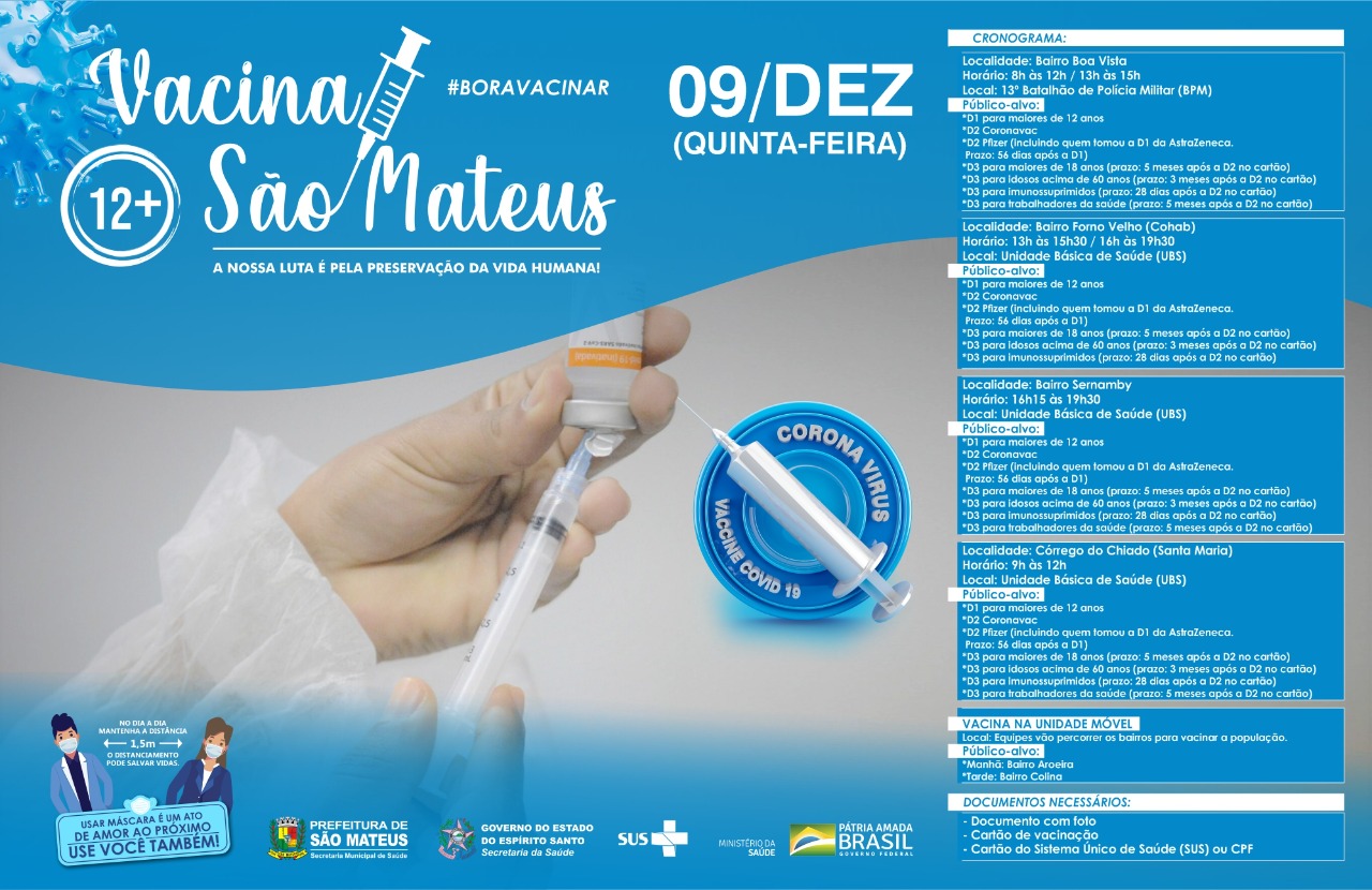NESTA QUINTA-FEIRA (09) TEM VACINAÇÃO CONTRA COVID-19 E INFLUENZA NOS BAIRROS BOA VISTA, FORNO VELHO, SERNAMBY E DISTRITO DE SANTA MARIA