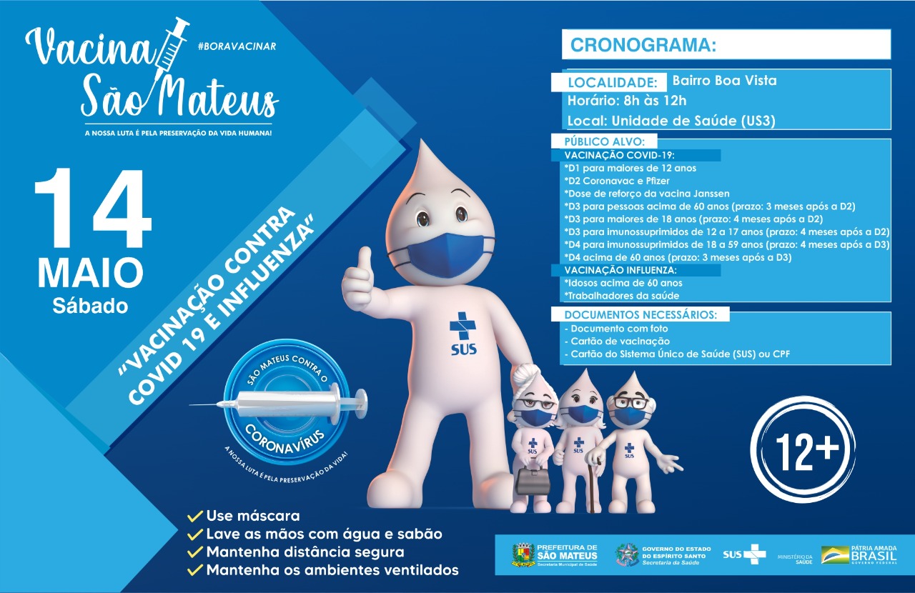 VACINAÇÃO CONTRA COVID PARA MAIORES DE 12 ANOS E CONTRA INFLUENZA NESTE SÁBADO (14)