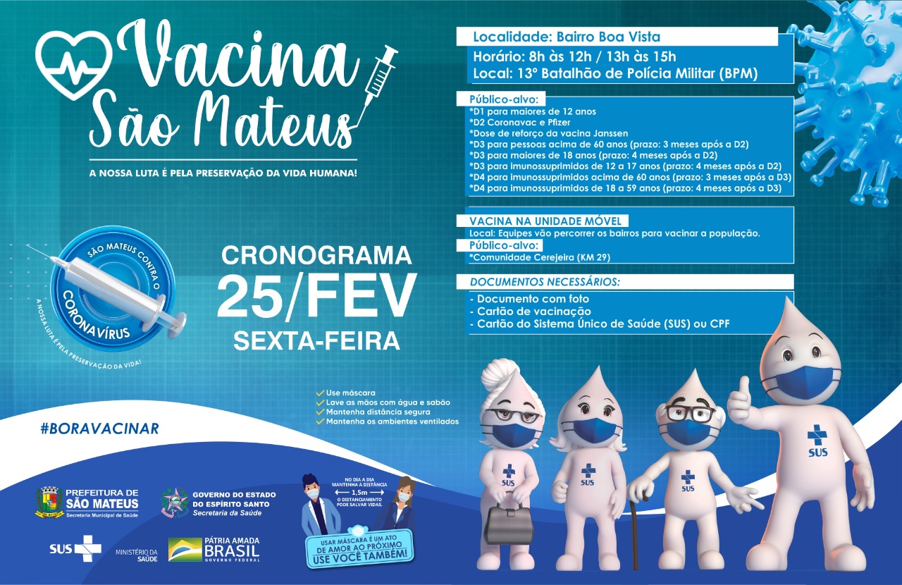 SÃO MATEUS CONTRA A COVID! VACINAÇÃO NESTA SEXTA-FEIRA (25) NA CIDADE E NA ZONA RURAL