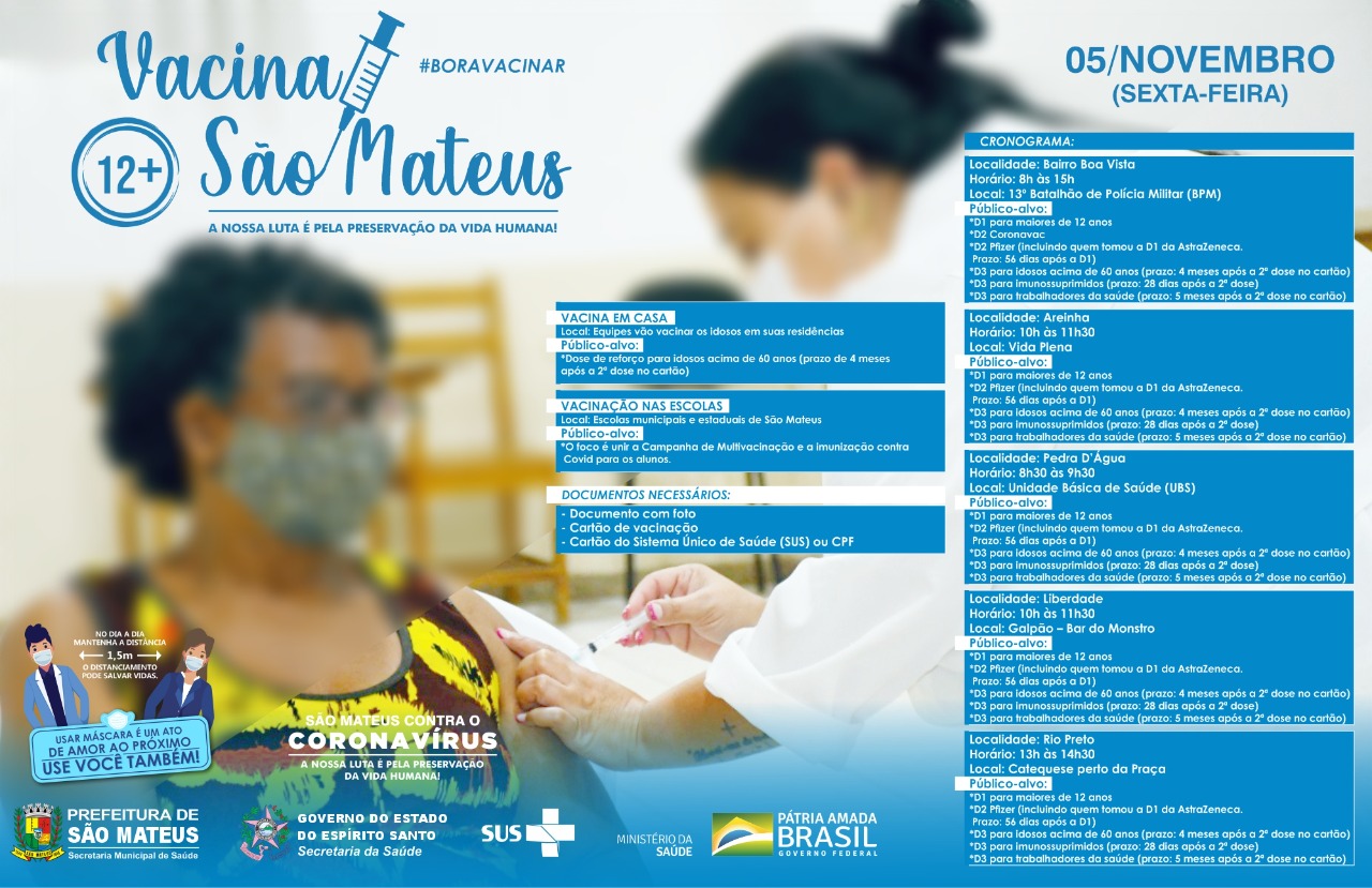SÃO MATEUS CONTRA COVID! CONFIRA O CRONOGRAMA DE VACINAÇÃO PARA ESTA SEXTA-FEIRA (05)