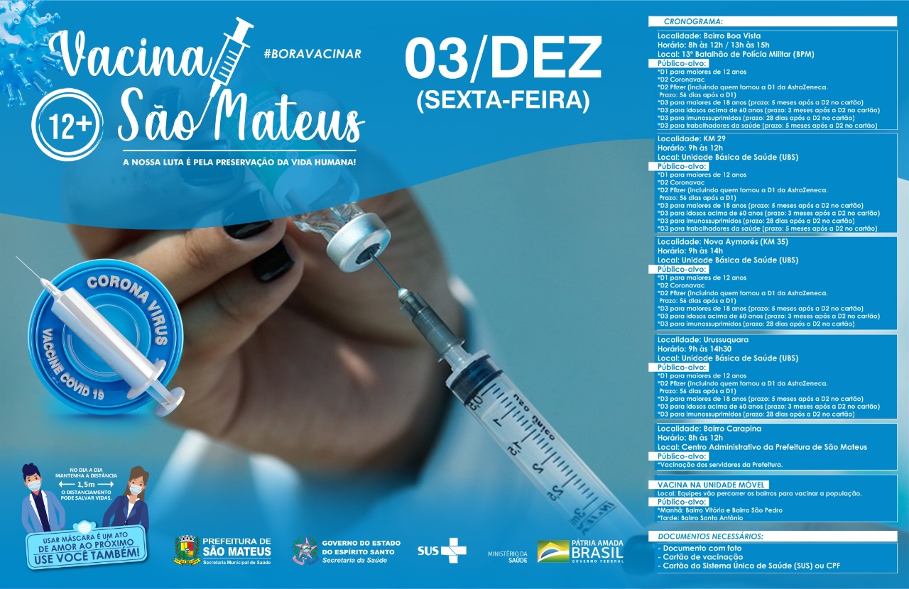 NESTA SEXTA-FEIRA (03) TEM VACINAÇÃO CONTRA COVID-19 NA CIDADE E NA ZONA RURAL DE SÃO MATEUS