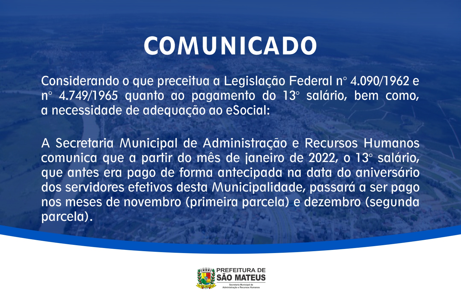COMUNICADO DA SECRETARIA MUNICIPAL DE ADMINISTRAÇÃO E RECURSOS HUMANOS