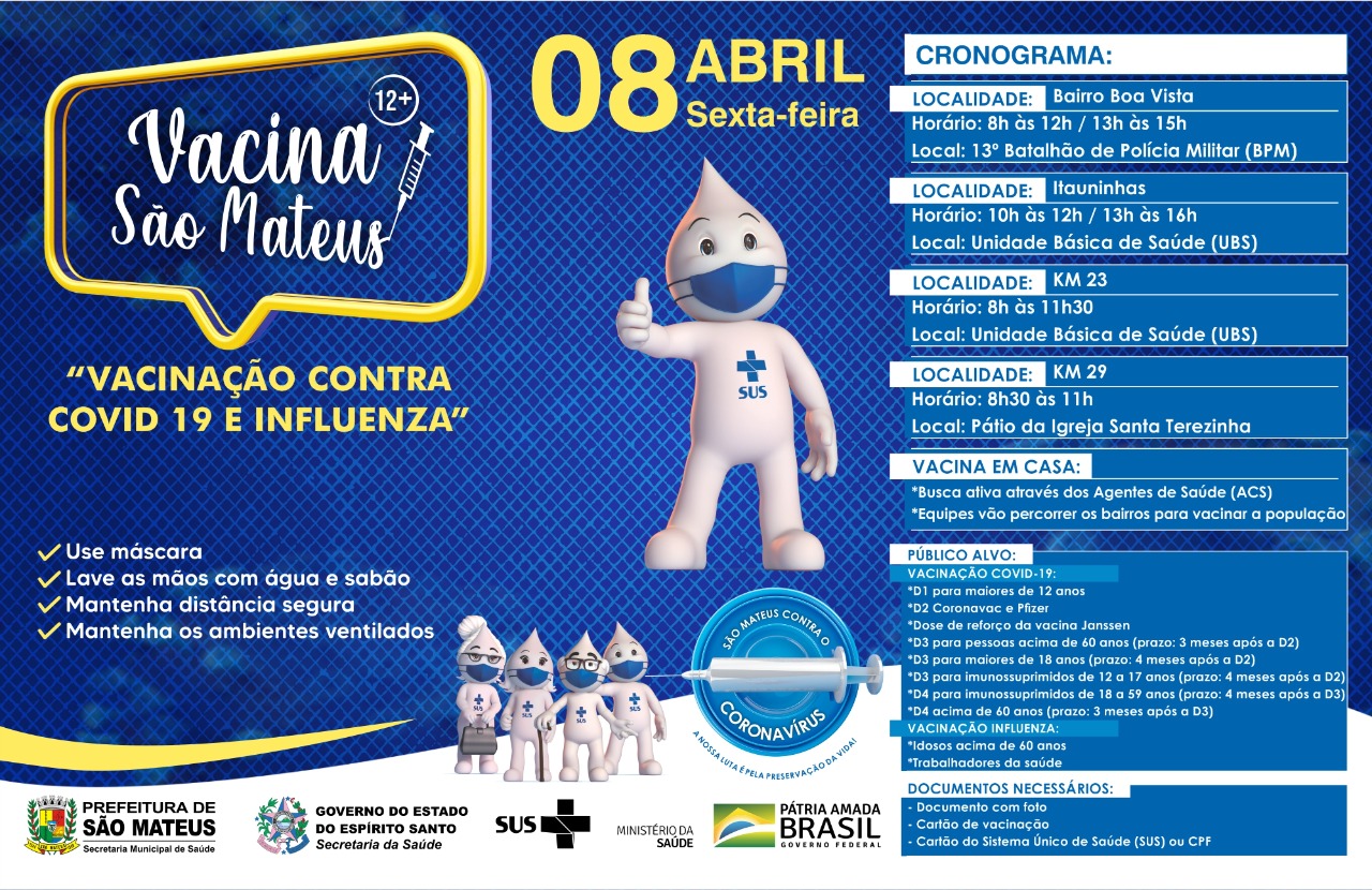 VACINAÇÃO CONTRA COVID PARA MAIORES DE 12 ANOS E CONTRA INFLUENZA NESTA SEXTA-FEIRA (08)