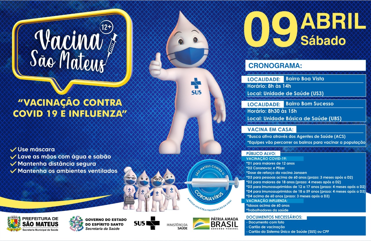 VACINAÇÃO CONTRA COVID PARA MAIORES DE 12 ANOS E CONTRA INFLUENZA NESTE SÁBADO (09)