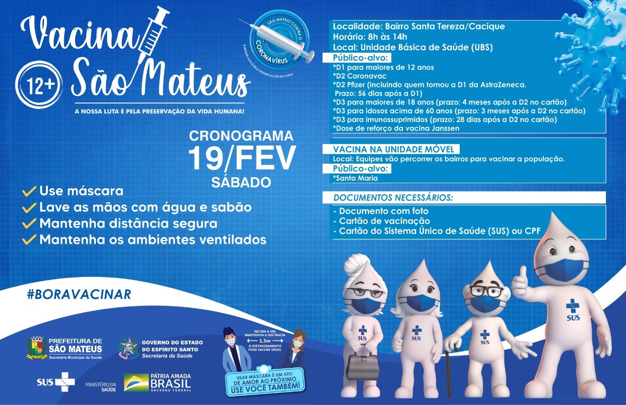 NESTE SÁBADO (19) TEM VACINAÇÃO CONTRA COVID NO BAIRRO SANTA TEREZA
