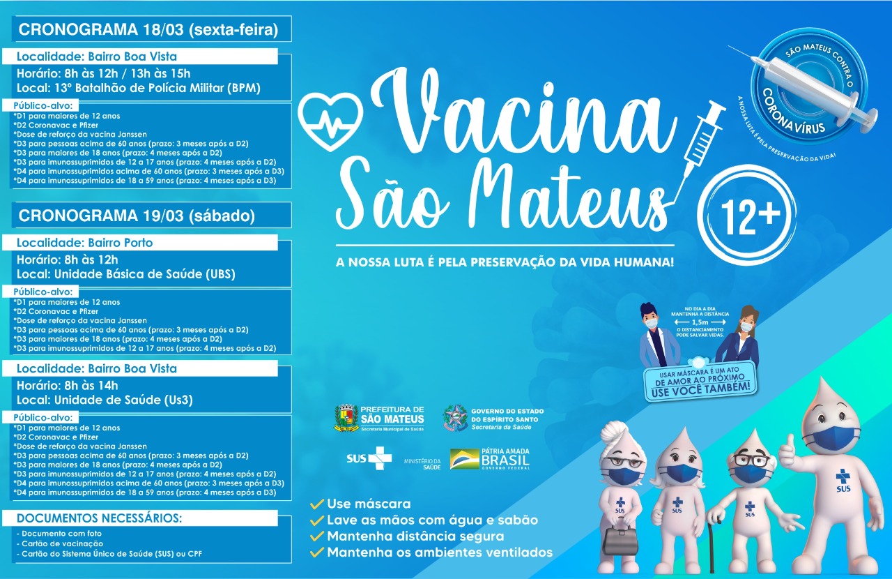 CONFIRA O CRONOGRAMA DE VACINAÇÃO CONTRA COVID PARA MAIORES DE 12 ANOS NESTA SEXTA-FEIRA (18) E SÁBADO (19)