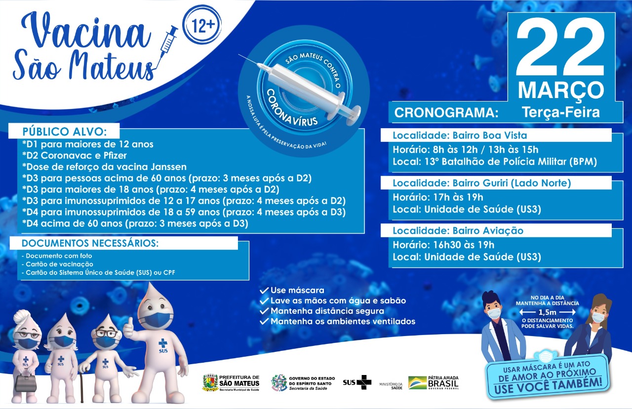 CONFIRA O CRONOGRAMA DE VACINAÇÃO CONTRA COVID PARA MAIORES DE 12 ANOS NESTA TERÇA-FEIRA (22)