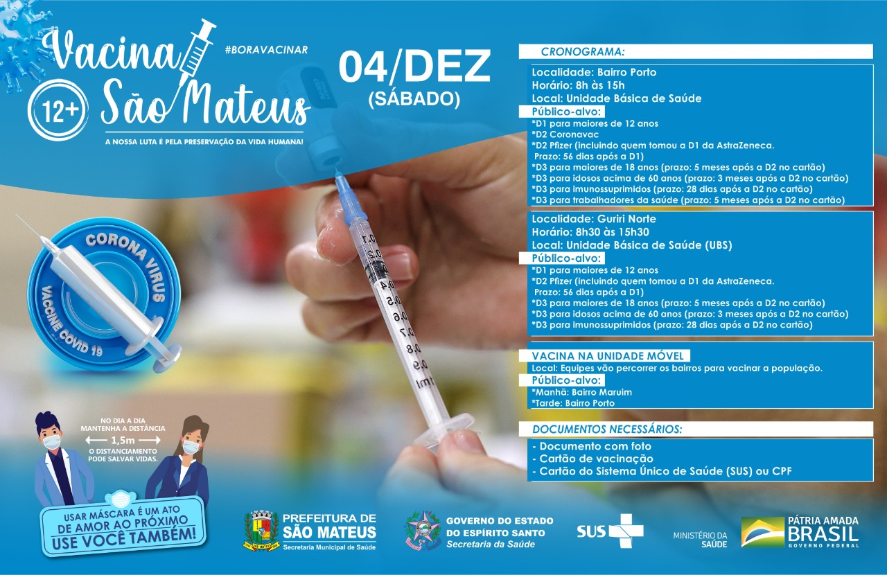 NESTE SÁBADO (04) TEM VACINAÇÃO CONTRA COVID-19 E INFLUENZA EM GURIRI E NO BAIRRO PORTO