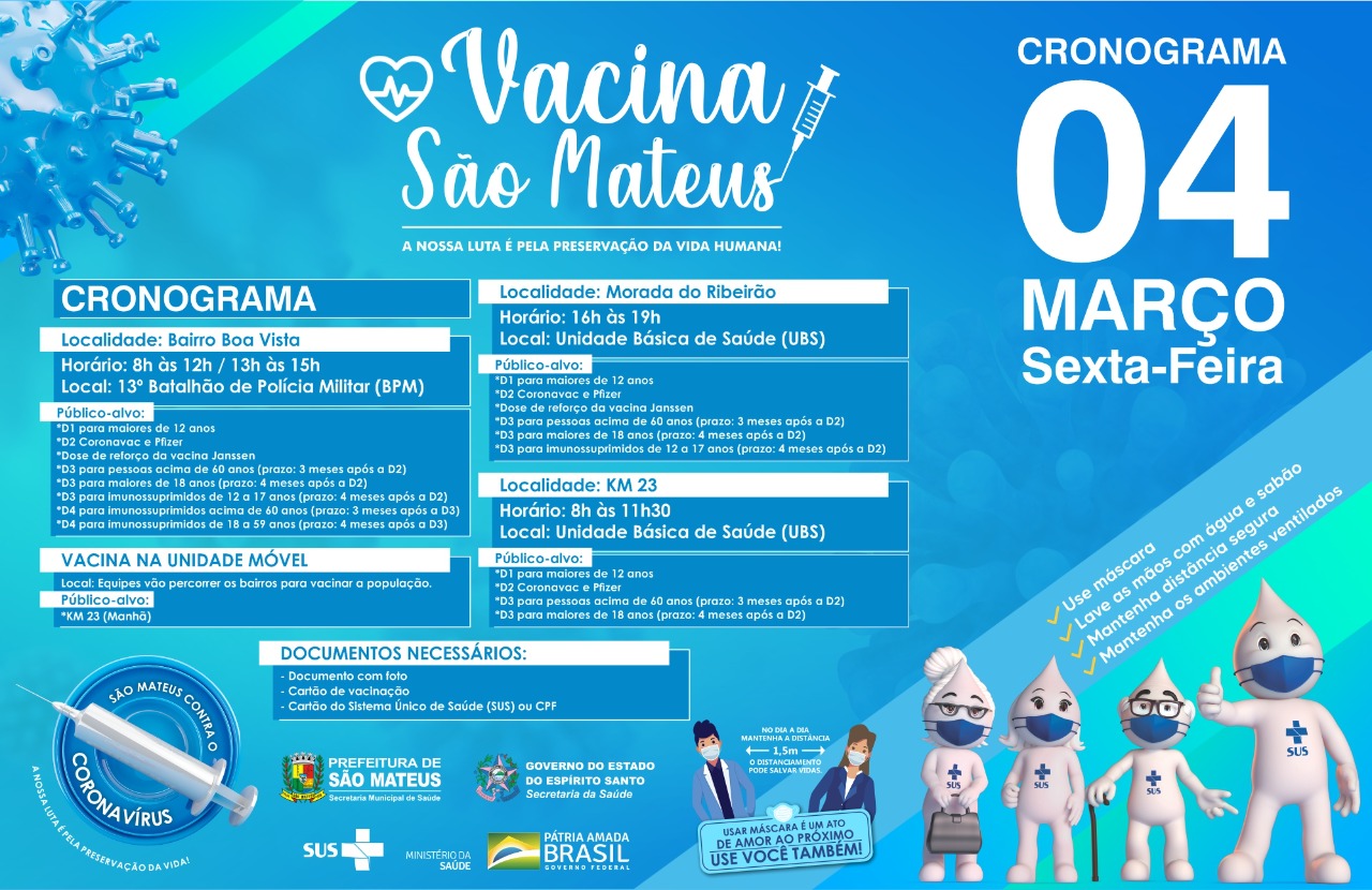 SÃO MATEUS CONTRA A COVID! VACINAÇÃO NESTA SEXTA-FEIRA (04) NA CIDADE E NA ZONA RURAL