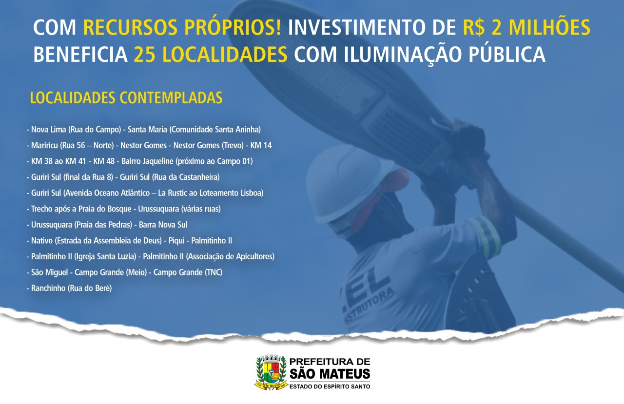 COM RECURSOS PRÓPRIOS, PREFEITURA INVESTE R$ 2 MILHÕES EM ILUMINAÇÃO PÚBLICA, BENEFICIANDO 25 LOCALIDADES COM ILUMINAÇÃO PÚBLICA