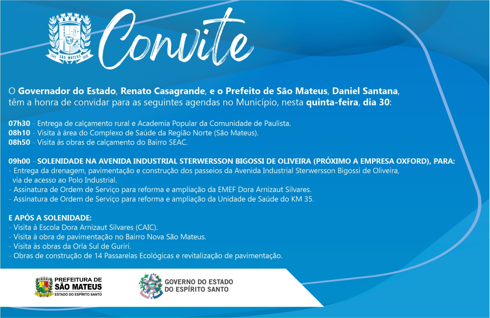 CONVITE - GOVERNO DO ESTADO E PREFEITURA DE SÃO MATEUS, CONVIDAM PARA DIVERSAS AÇÕES NO MUNICÍPIO