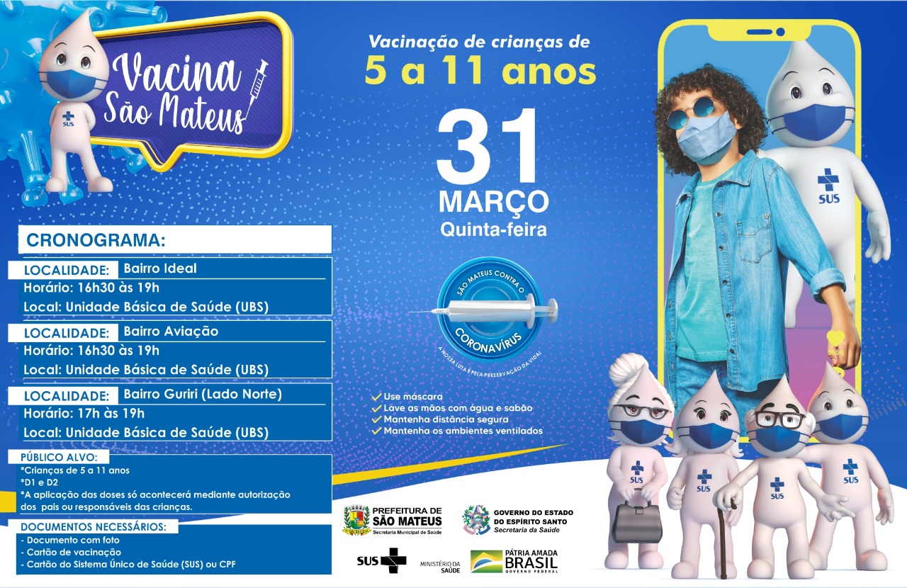 VACINAÇÃO INFANTIL SEGUE NESTA QUINTA-FEIRA (31) EM UNIDADES DE SAÚDE DE SÃO MATEUS