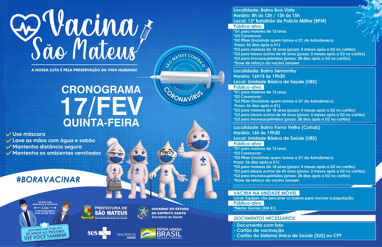 NESTA QUINTA-FEIRA (17) TEM VACINAÇÃO EM HORÁRIO ESTENDIDO NOS BAIRROS SERNAMBY E COHAB