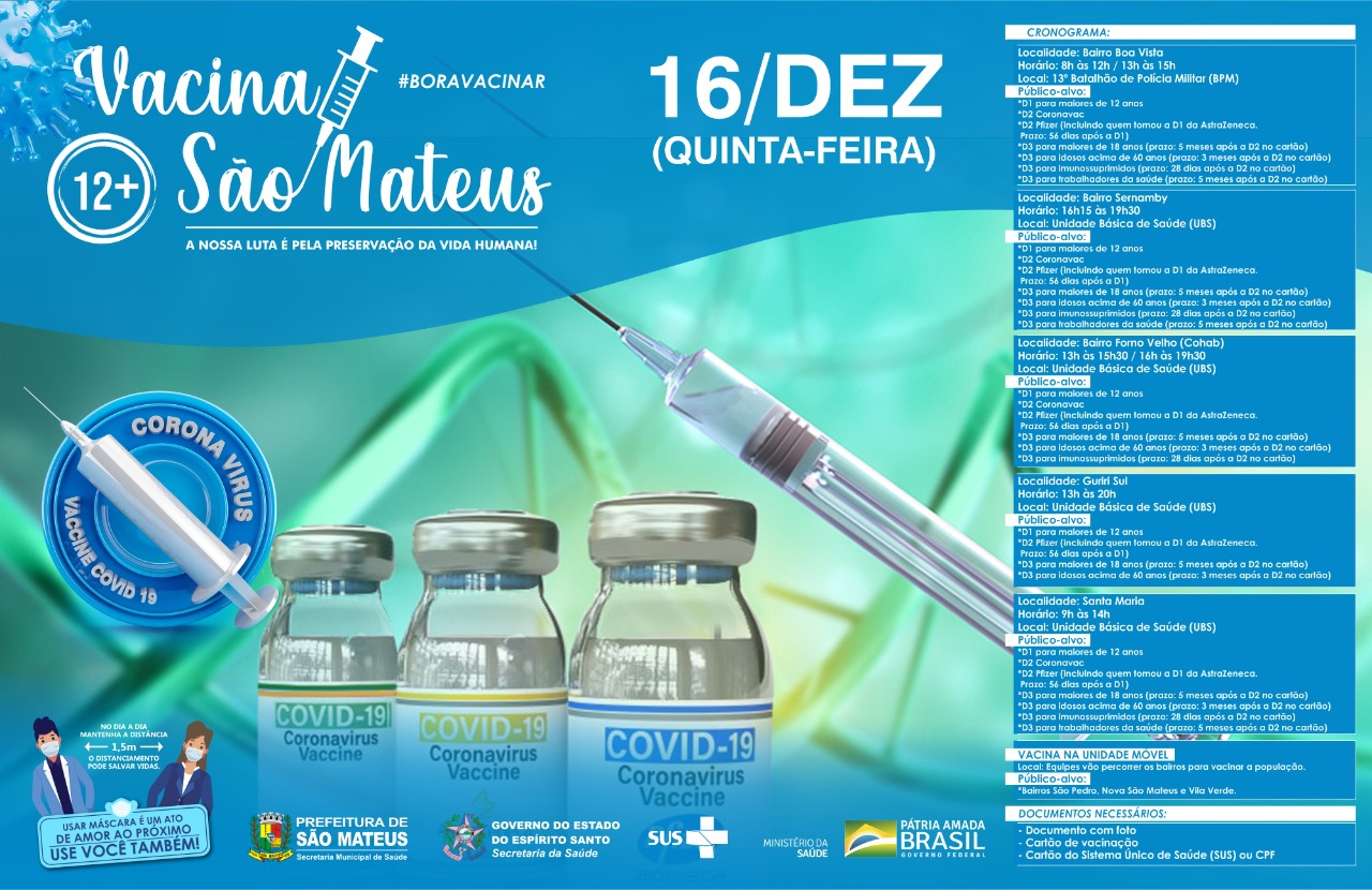 CONFIRA O CRONOGRAMA DE VACINAÇÃO CONTRA COVID-19 E INFLUENZA NESTA QUINTA-FEIRA (16) EM SÃO MATEUS
