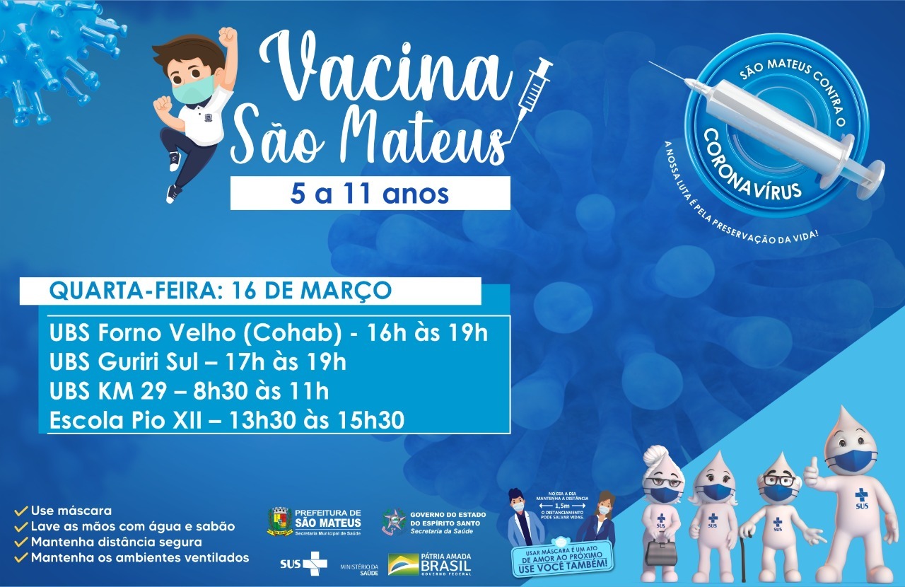VACINAÇÃO INFANTIL SEGUE NESTA QUARTA-FEIRA (16) EM UNIDADES DE SAÚDE E ESCOLAS DE SÃO MATEUS