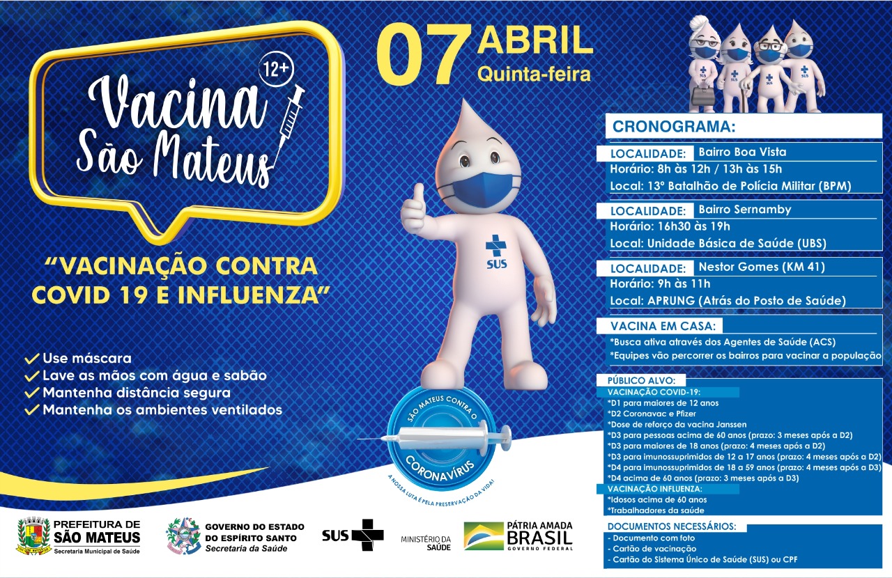 VACINAÇÃO CONTRA COVID PARA MAIORES DE 12 ANOS E CONTRA INFLUENZA NESTA QUINTA-FEIRA (07)