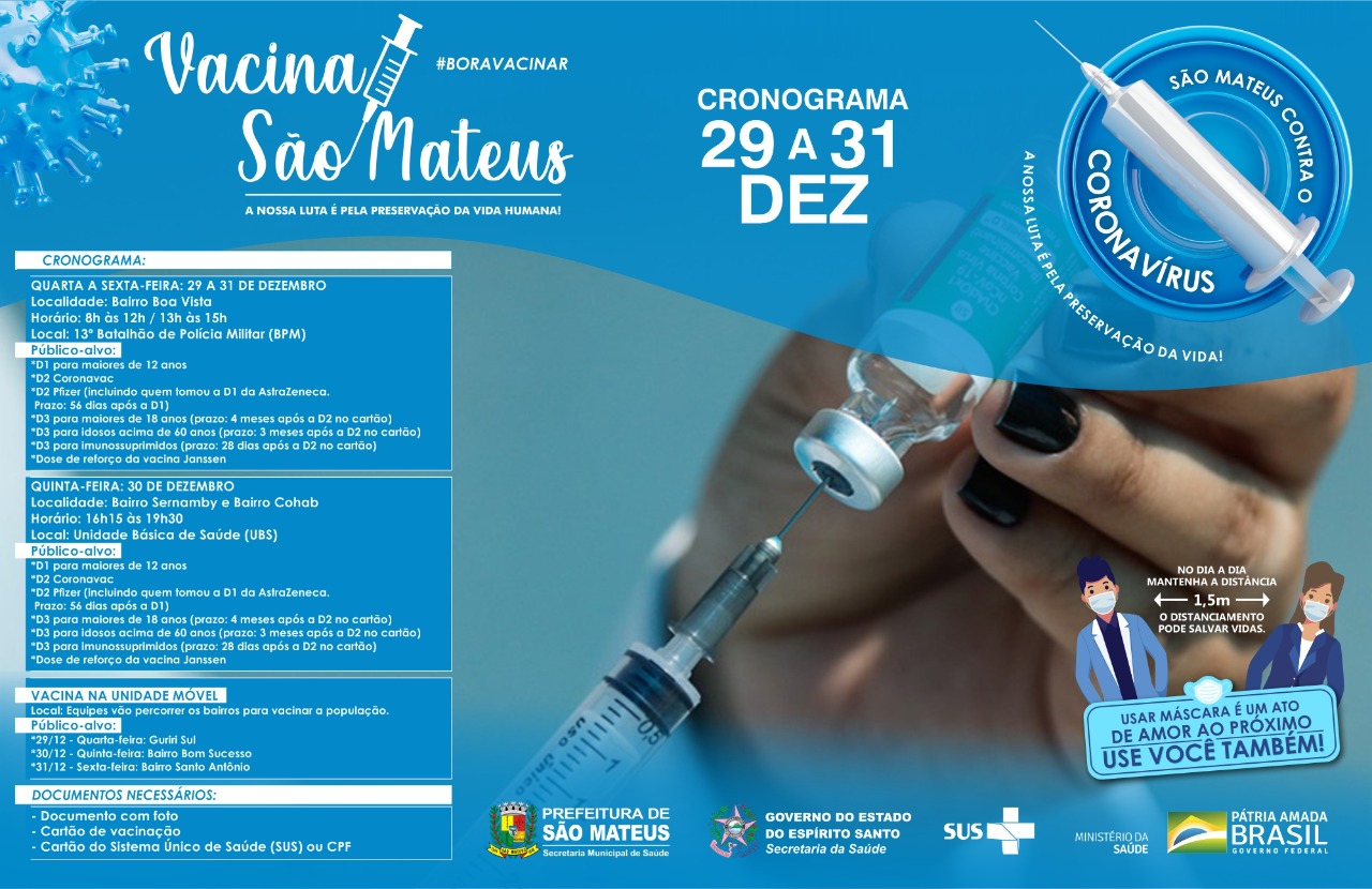 SÃO MATEUS CONTRA A COVID: CRONOGRAMA DE VACINAÇÃO PARA A ÚLTIMA SEMANA DE 2021