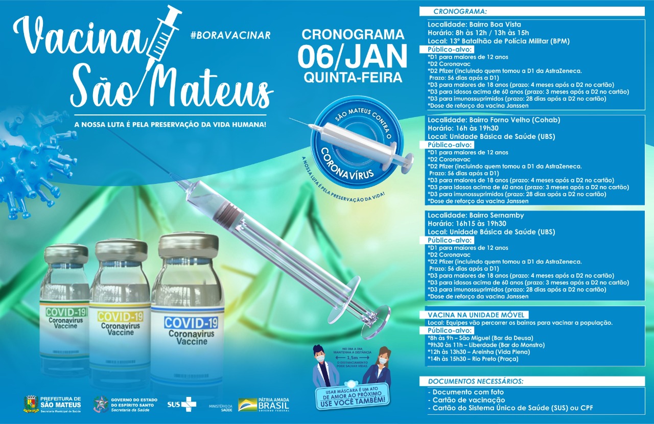 NESTA QUINTA-FEIRA (06) TEM VACINAÇÃO CONTRA COVID NOS BAIRROS BOA VISTA, COHAB, SERNAMBY E MAIS, CONFIRA O CRONOGRAMA