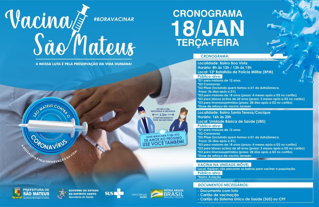 NESTA TERÇA-FEIRA (18) A VACINAÇÃO CONTRA COVID E GRIPE ACONTECE NOS BAIRROS BOA VISTA, SANTA TEREZA E AVIAÇÃO