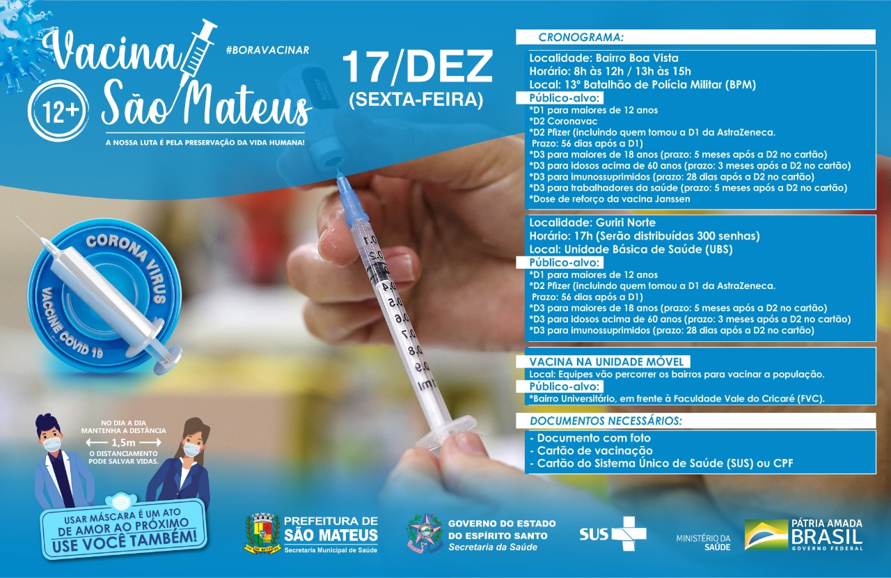 SÃO MATEUS CONTRA COVID! NESTA SEXTA-FEIRA (17) TEM VACINAÇÃO COM A DOSE DE REFORÇO DA VACINA JANSSEN NO 13º BPM