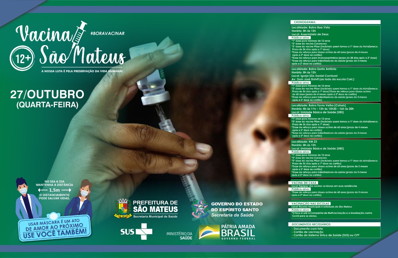 NESTA QUARTA-FEIRA (27) TEM VACINAÇÃO CONTRA COVID NOS BAIRROS BOA VISTA, FORNO VELHO (COHAB) E SANTO ANTÔNIO