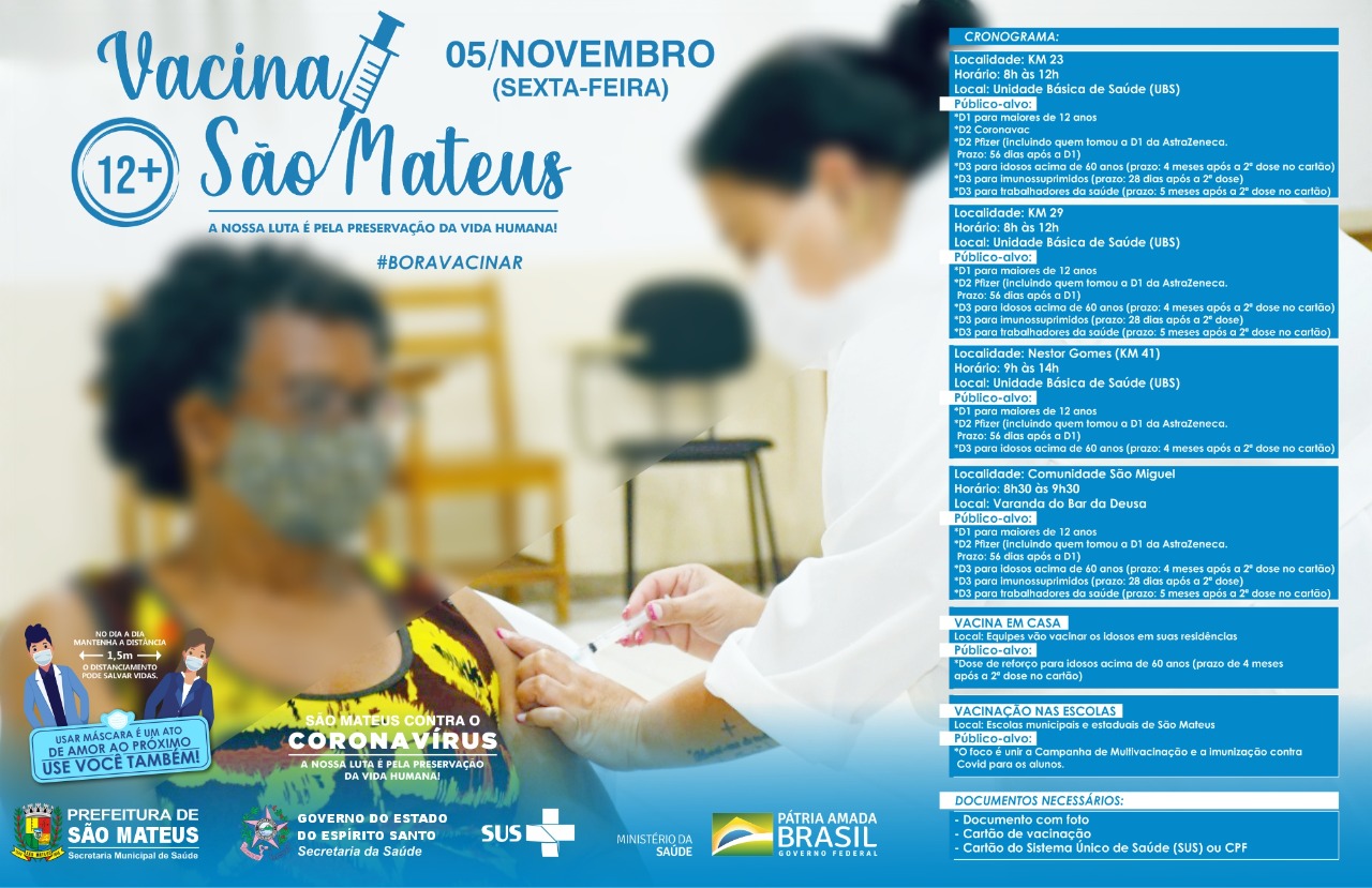 NESTA SEXTA-FEIRA (05) TEM VACINAÇÃO CONTRA COVID NA ZONA RURAL DE SÃO MATEUS, CONFIRA O CRONOGRAMA!