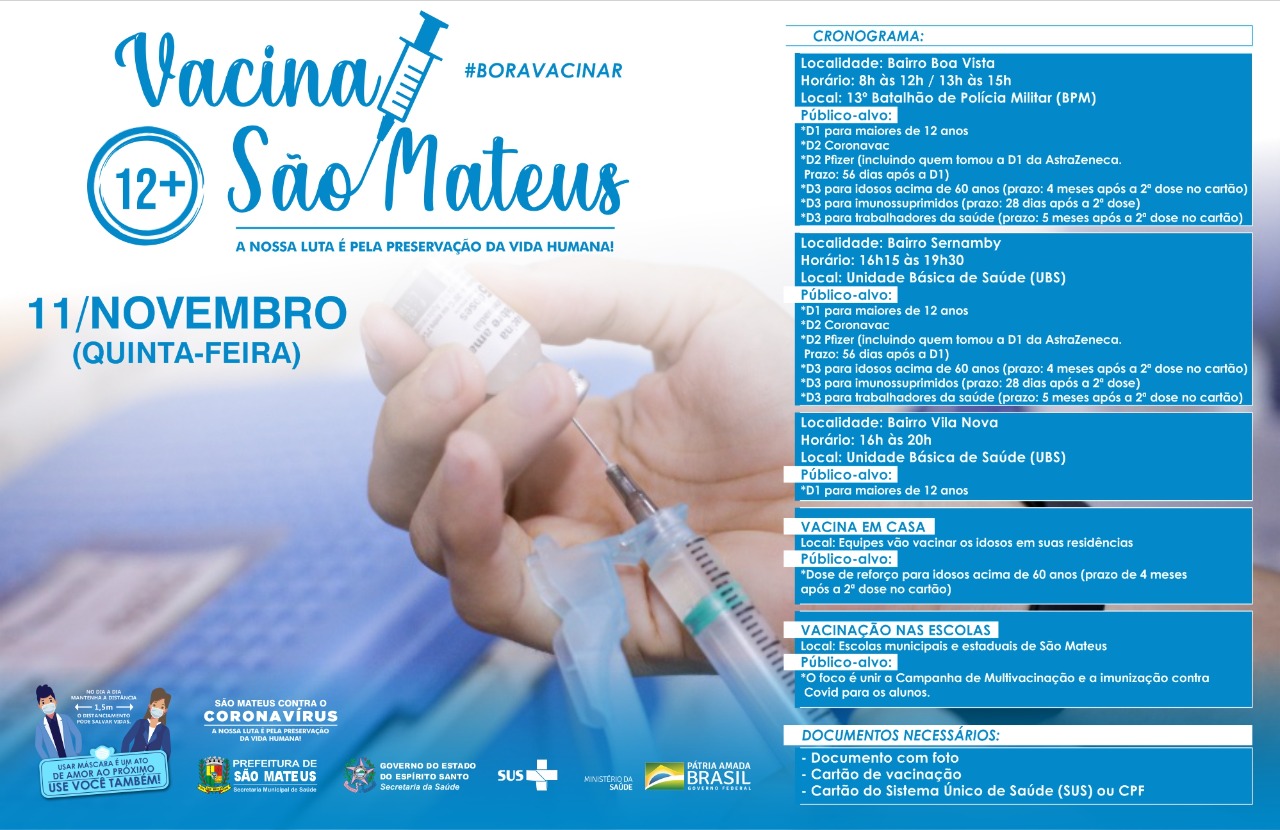 VACINAÇÃO CONTRA COVID-19 EM HORÁRIO ESTENDIDO NESTA QUINTA-FEIRA (11) NOS BAIRROS SERNAMBY E VILA NOVA