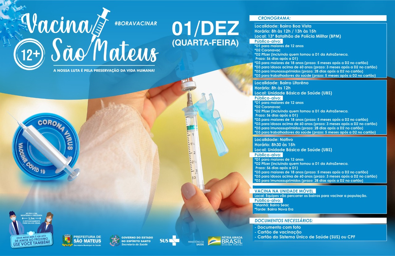 NESTA QUARTA-FEIRA (01) TEM VACINAÇÃO CONTRA COVID-19 NOS BAIRROS BOA VISTA, LITORÂNEO, NATIVO, SEAC E NOVA ERA