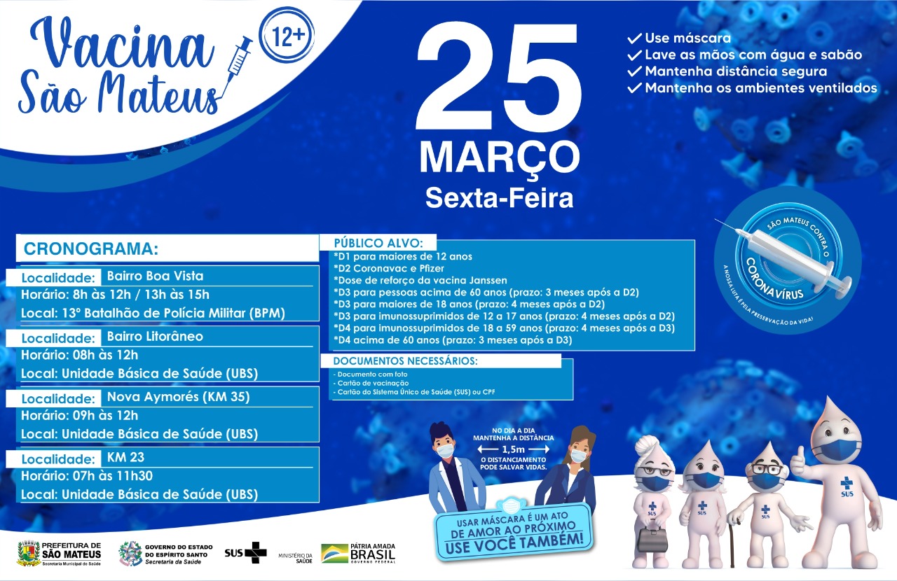 CONFIRA O CRONOGRAMA DE VACINAÇÃO CONTRA COVID PARA MAIORES DE 12 ANOS NESTA SEXTA-FEIRA (24)
