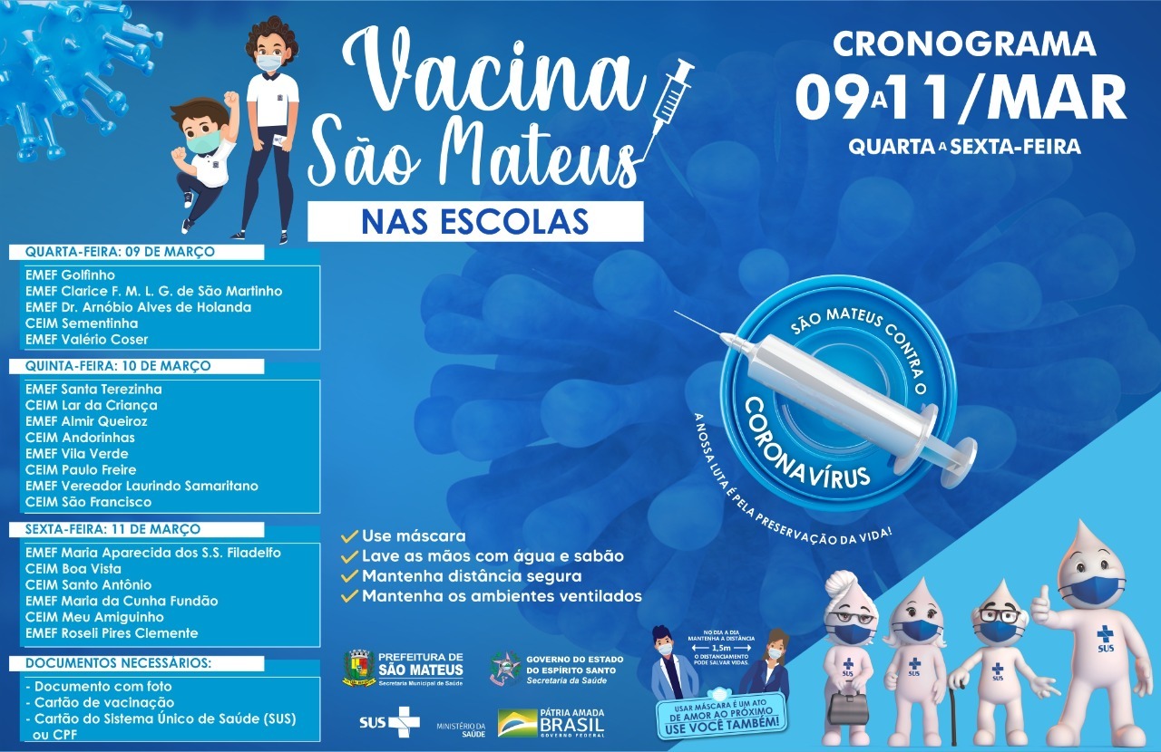 CONFIRA O CRONOGRAMA DE VACINAÇÃO CONTRA COVID NAS ESCOLAS MUNICIPAIS