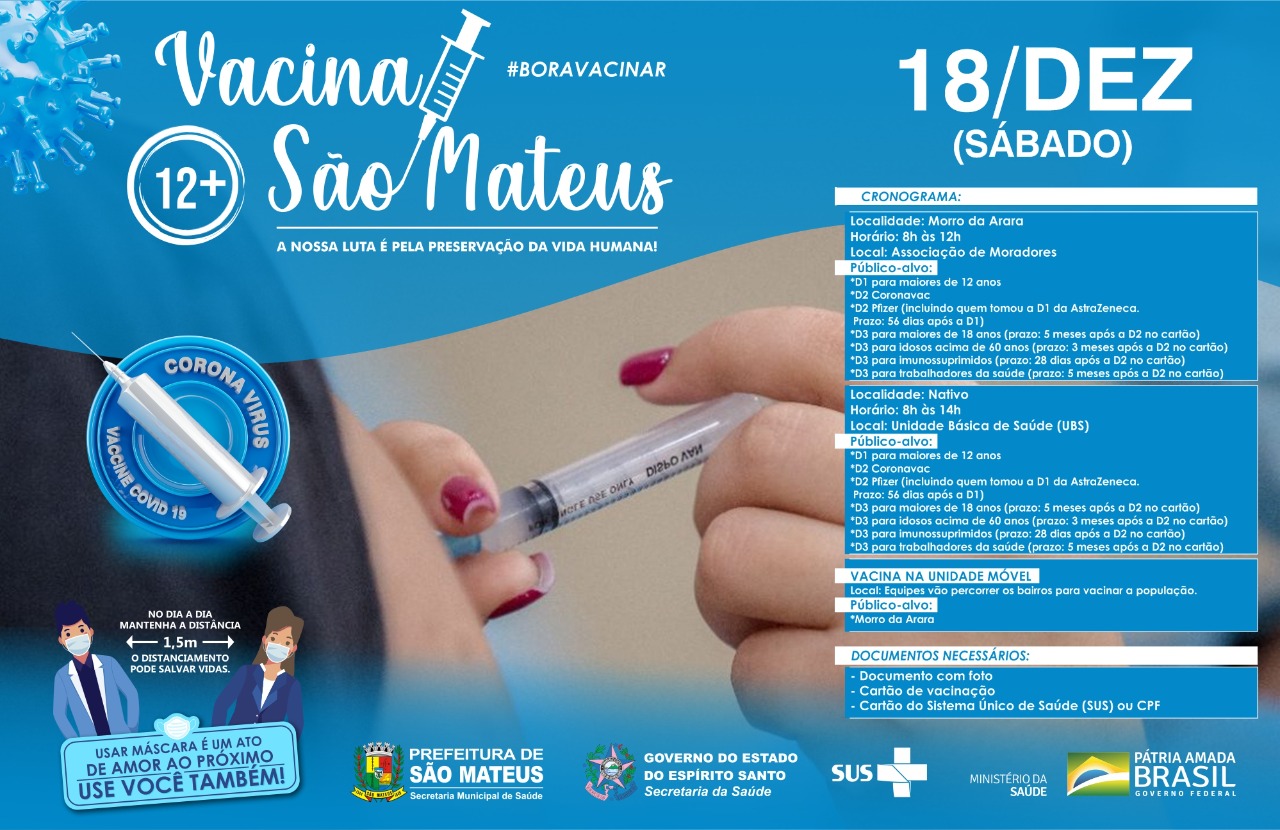 NESTE SÁBADO (18) TEM VACINAÇÃO CONTRA COVID E INFLUENZA EM MORRO DA ARARA E NATIVO