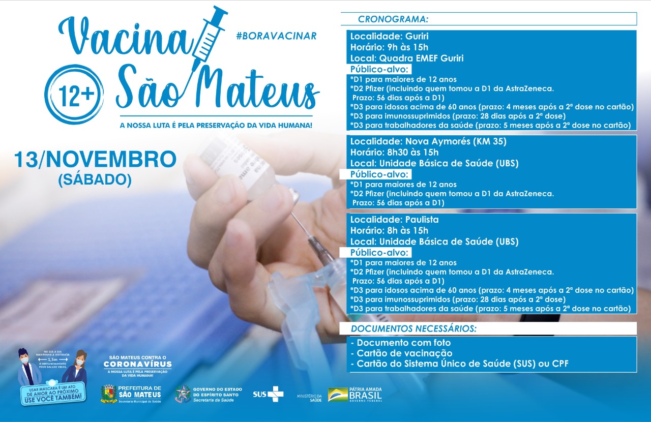 SÁBADO (13) É DIA DE VACINAÇÃO CONTRA COVID-19 EM GURIRI, NO KM 35 E NA PAULISTA