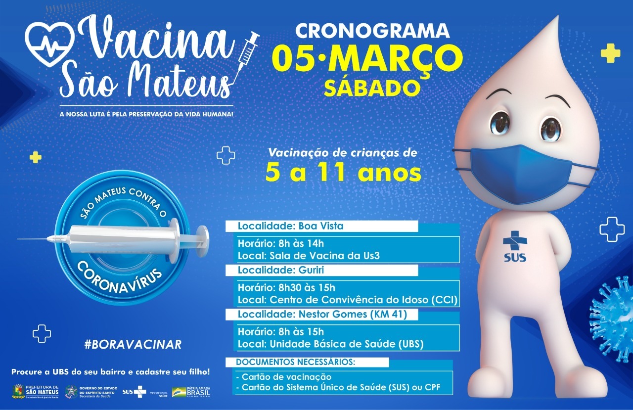 NESTE SÁBADO (05) HAVERÁ VACINAÇÃO CONTRA COVID PARA CRIANÇAS DE 5 A 11 ANOS