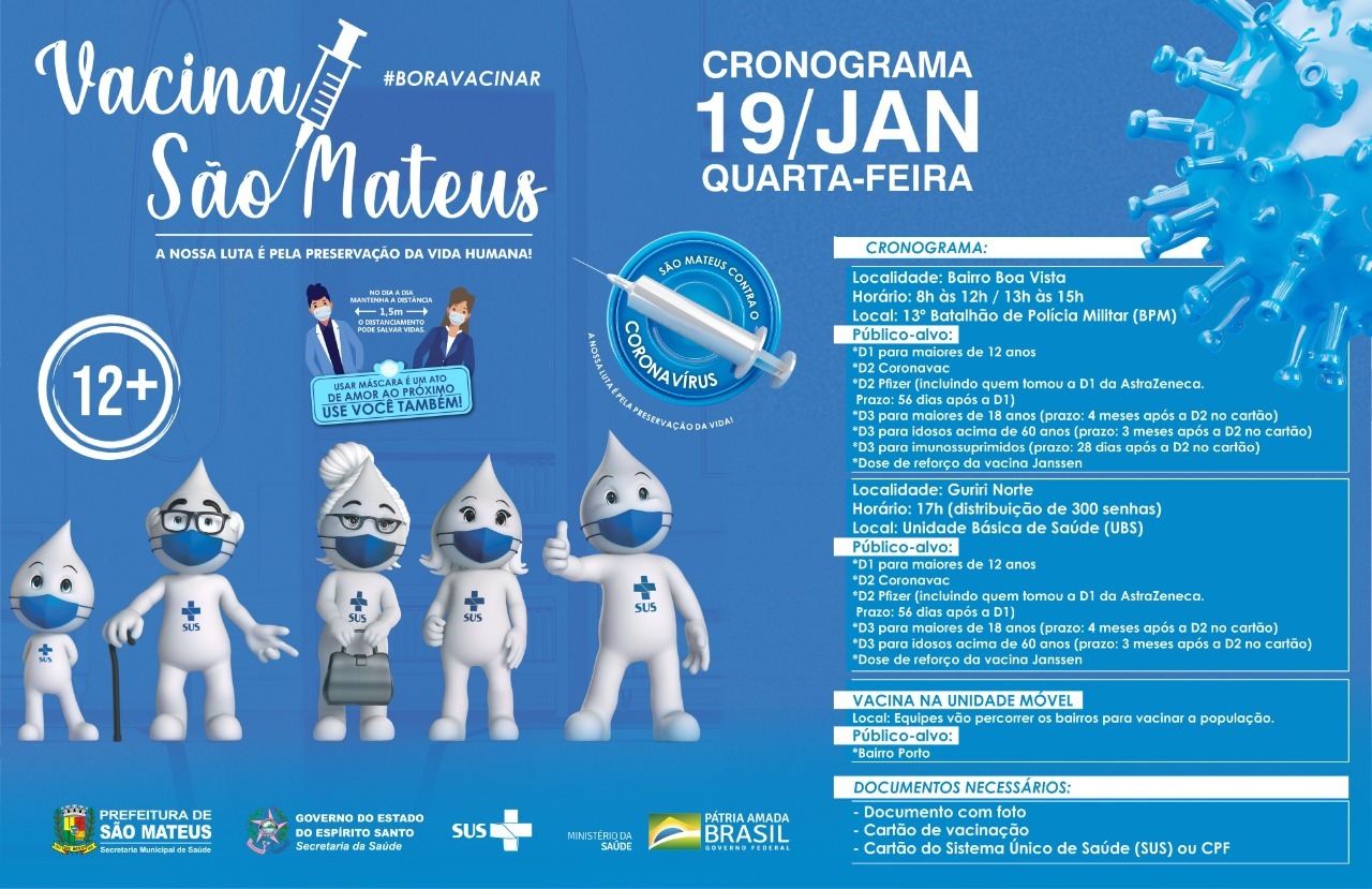 SÃO MATEUS CONTRA COVID! NESTA QUARTA-FEIRA (19) IMUNIZAÇÃO SEGUE NOS BAIRROS BOA VISTA, PORTO E GURIRI NORTE