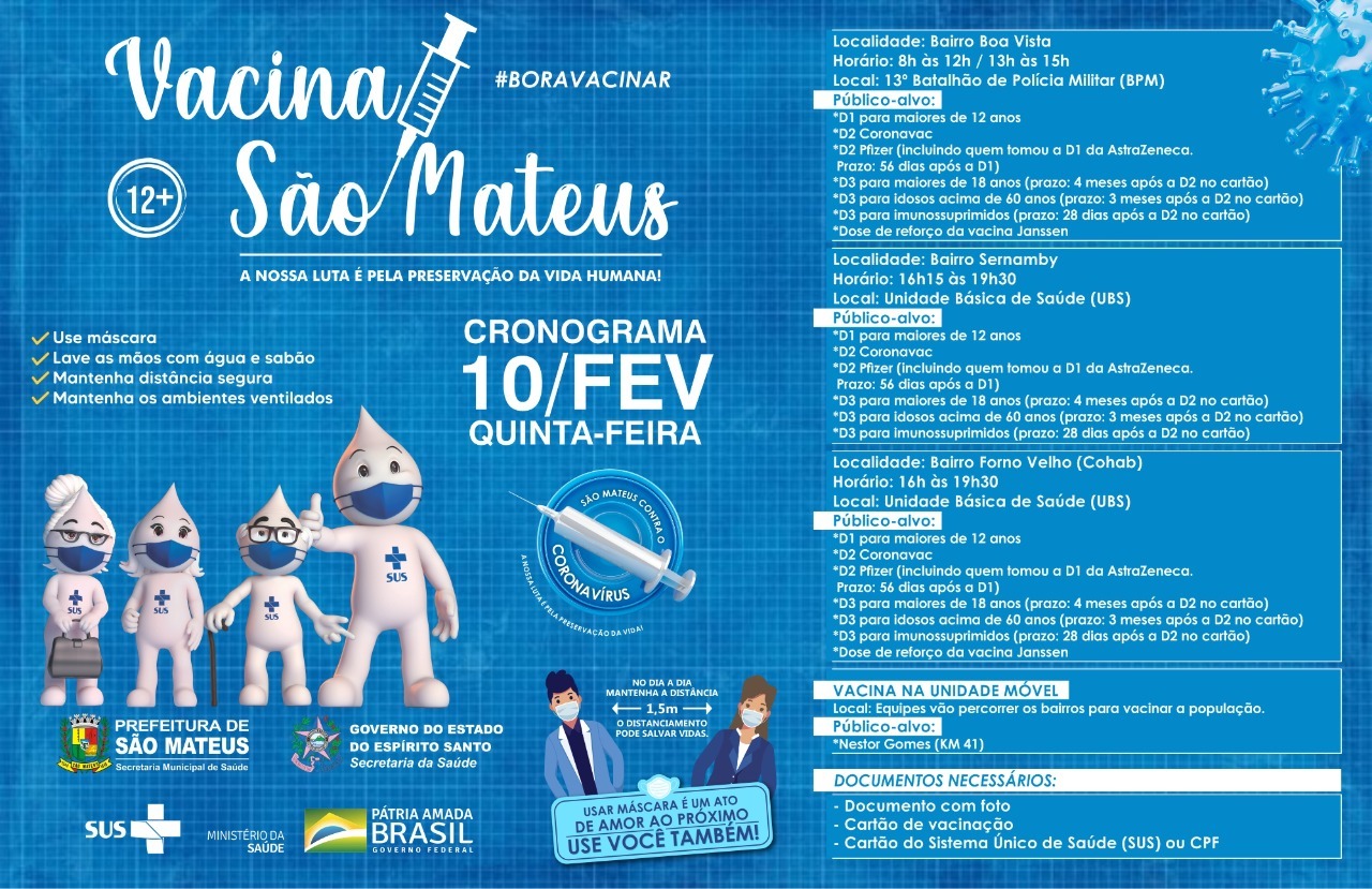 SÃO MATEUS CONTRA COVID! NESTA QUINTA-FEIRA (10) TEM VACINAÇÃO CONTRA COVID NOS BAIRROS BOA VISTA, SERNAMBY E COHAB