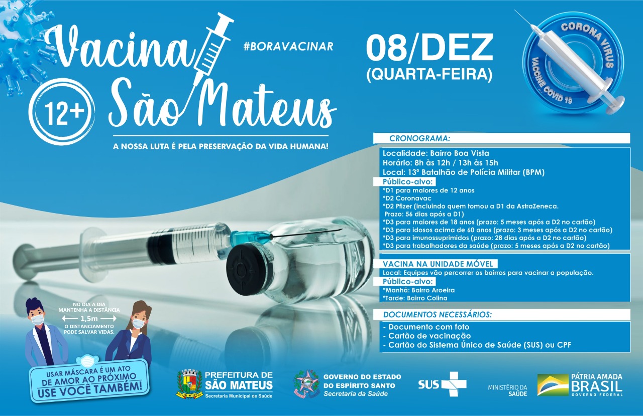 SÃO MATEUS CONTRA COVID: NESTA QUARTA-FEIRA (08) VACINAÇÃO SEGUE NO BAIRRO BOA VISTA E UNIDADE MÓVEL PERCORRE OS BAIRROS AROEIRA E COLINA