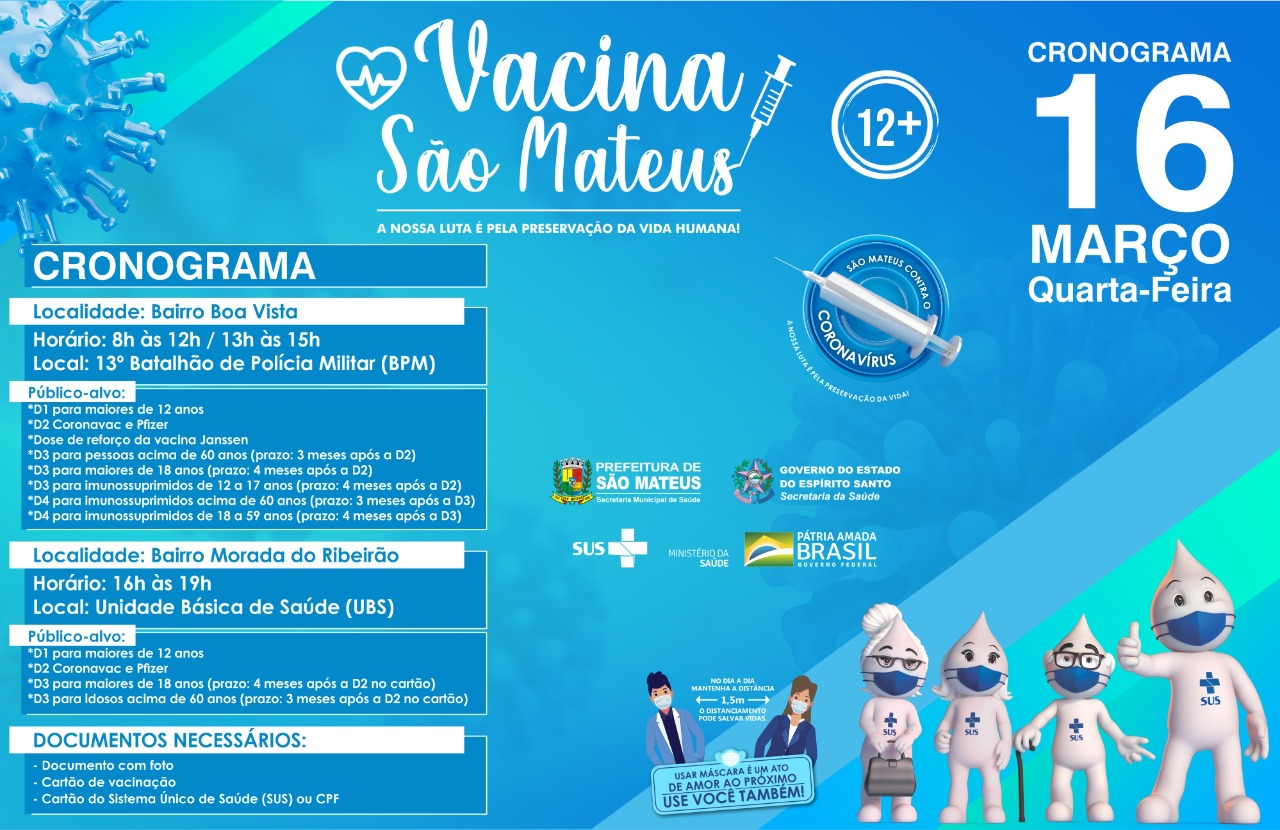 NESTA QUARTA-FEIRA (16) TEM VACINAÇÃO CONTRA COVID NOS BAIRROS BOA VISTA E MORADA DO RIBEIRÃO