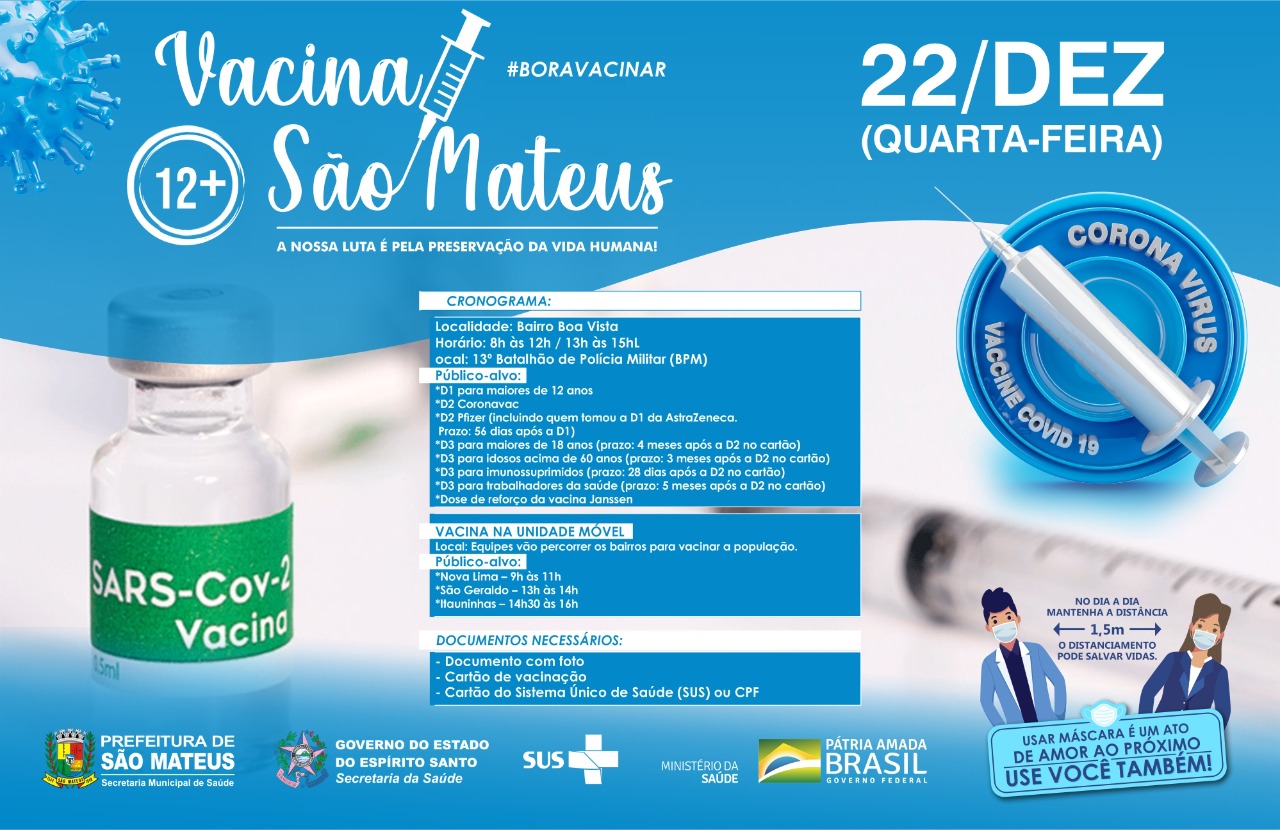 NESTA QUARTA-FEIRA (22) TEM VACINAÇÃO CONTRA COVID-19 NO BAIRRO BOA VISTA E NA ZONA RURAL DE SÃO MATEUS