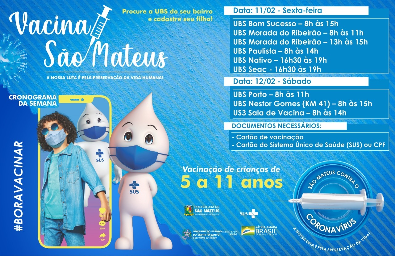 VACINAÇÃO INFANTIL: CONFIRA O CRONOGRAMA ATUALIZADO PARA ESTA SEXTA-FEIRA E SÁBADO (11 E 12) EM SÃO MATEUS