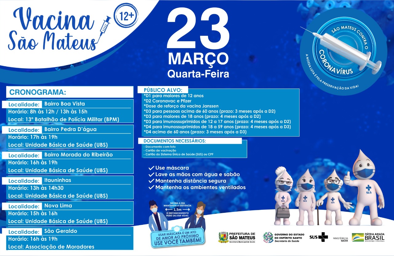 CONFIRA O CRONOGRAMA DE VACINAÇÃO CONTRA COVID PARA MAIORES DE 12 ANOS NESTA QUARTA-FEIRA (23)
