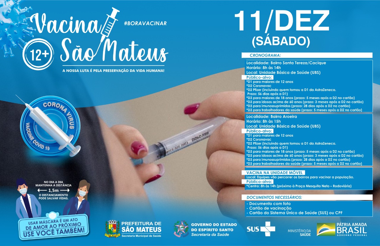 VACINAÇÃO CONTRA COVID: UNIDADE MÓVEL ESTARÁ NO CENTRO DE SÃO MATEUS NESTE SÁBADO (11)