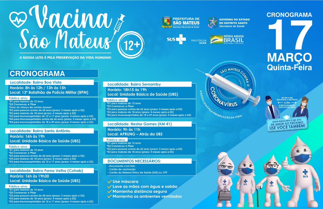 NESTA QUINTA-FEIRA (17) TEM VACINAÇÃO CONTRA COVID EM HORÁRIO ESTENDIDO NOS BAIRROS COHAB, SANTO ANTÔNIO E SERNAMBY