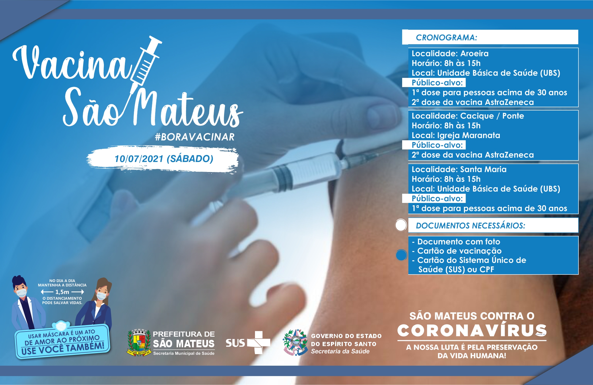 SÃO MATEUS FAZ AÇÃO NESTE SÁBADO PARA APLICAÇÃO DE VACINA CONTRA COVID PARA PÚBLICO ACIMA DE 30 ANOS E 2ª DOSE DA ASTRAZENECA