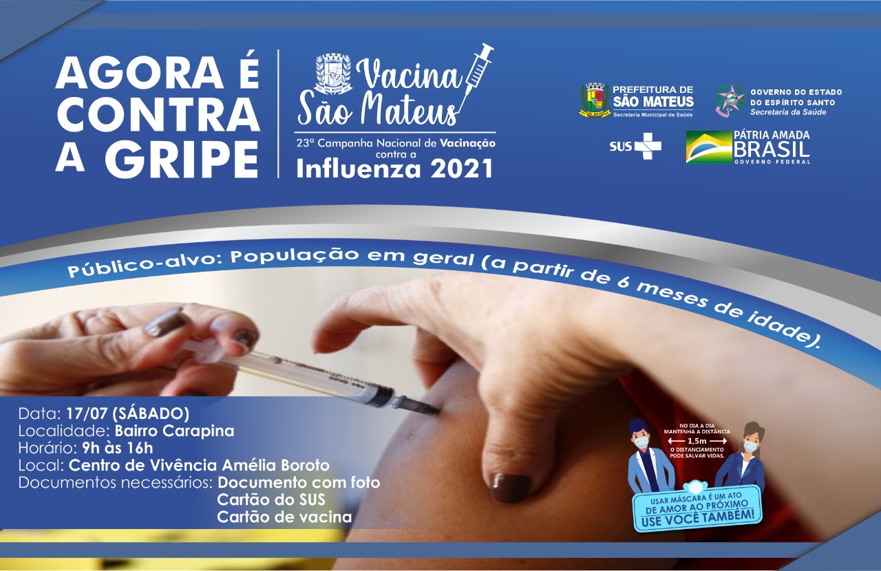 VACINA CONTRA GRIPE: NESTE SÁBADO (17) HAVERÁ MUTIRÃO DE IMUNIZAÇÃO NO CENTRO DE VIVÊNCIA AMÉLIA BOROTO
